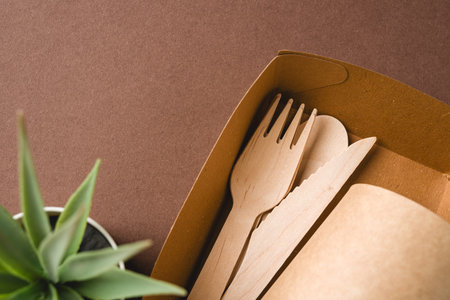 Eco takeaway packaging with wooden cutlery and paper cups