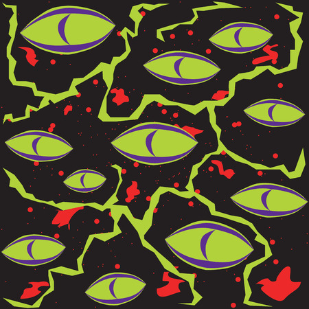 Abstract green scary monster eyes on a black background with blood and lightningのイラスト素材