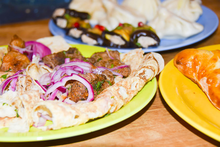  lot of Georgian dishes on a wooden backgroundの写真素材