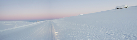 pink dawn in the tundra everywhere white snow nobody landscape road