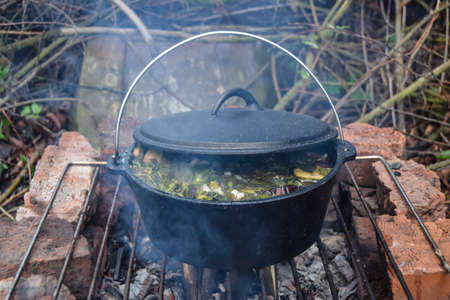 food on a hike in a cauldron green soup on an open fireの写真素材