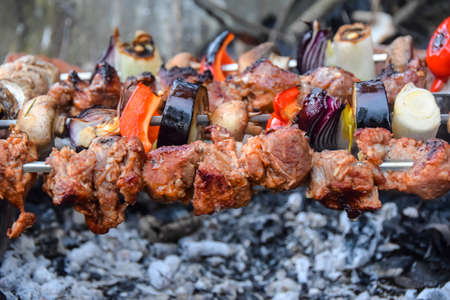 burnt pork meat grilled kebabs and vegetables onion eggplant mushrooms in the fresh air