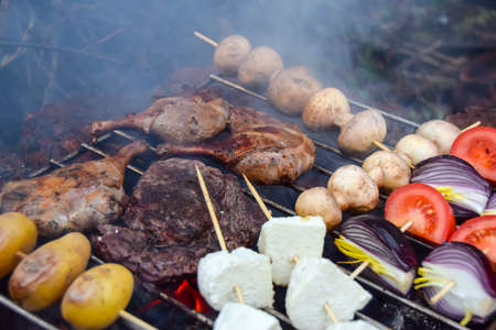assorted grilled cheese potatoes meat duck tomato and onion charcoal grilled outdoors