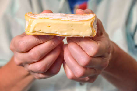 delicacy soft brie camembert cheese with an orange crust in the handsの写真素材