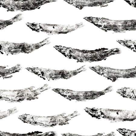 watercolor fish pike print seamless pattern black and white on white backgroundの写真素材