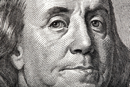 Portrait of Ben Franklin on the US $100 dollar bill in macro.の写真素材