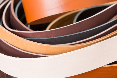 Close up of many colorful pieces of leather.の写真素材