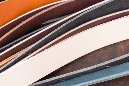 Close up of multiculured leather pieces. High resolultion photo.の写真素材