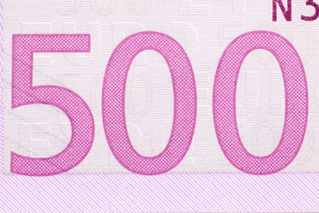 Photographed number in fifve hundred banknote euro. High resolution photo.