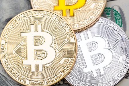 Close up of different metal bitcoins. High resolution photo.の写真素材
