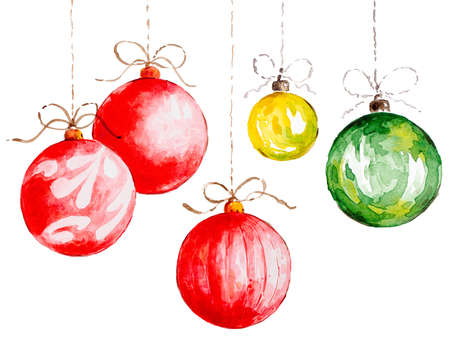 New Years, set toys balls for Christmas tree decoration in red, green, yellow colors. Watercolor drawing.の写真素材