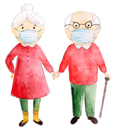 Grandmother and grandfather together walking in a protective masks during a pandemic. Hand-drawn in watercolor.の写真素材