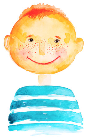 Bright happy smiling boy portrait with red hair isolated on white. Hand-drawn watercolor illustration.の写真素材