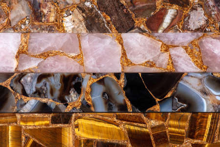 A variety of precious stones, Petrified wood, gold, Rose Quartz, Agate, Tigers Eye. Set as part of...