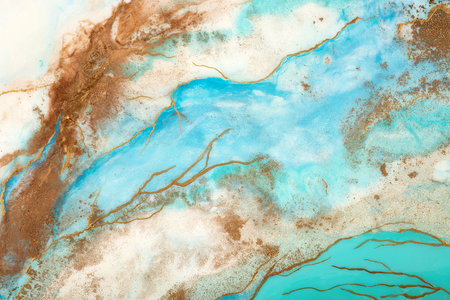 Painting background, blue gold artwork. liquid ink art painting on paper. Image of original artwork watercolor alcohol ink paint on high quality paper texture. Acrylic liquid modern trendy painting.の写真素材