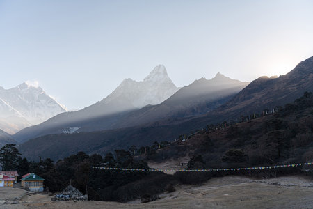 New photo of nature, high mountains on a blue sky background, Nepal. Trekkers with vew during way...