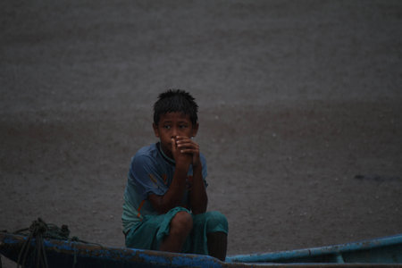 children coolness on boatの写真素材