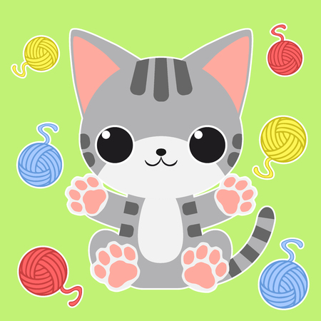 Cartoon kitty sitting arms open on green background with colorful wool balls. For baby clothes, toys and booksのイラスト素材