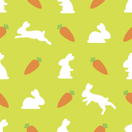 Seamless pattern: White bunny silhouettes and carrots on yellow green backgroundのイラスト素材