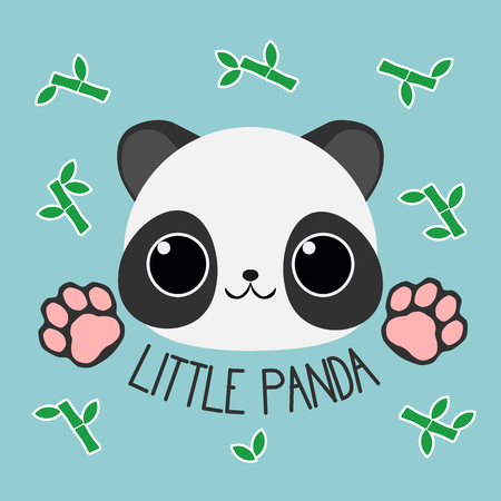 Little cartoon panda face with paws on blue background with bamboo branches on blue background. For baby clothes, toys and booksのイラスト素材