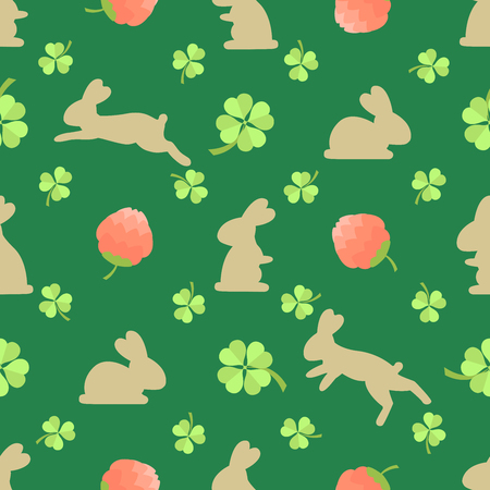 Seamless pattern: Clover leaves and flowers and bunnies on dark green backgroundのイラスト素材