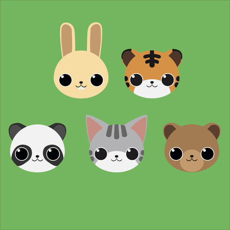 Cute cartoon animal faces: beige rabbit and bunny, happy tiger, baby bear, cute panda and adorable kitten.のイラスト素材