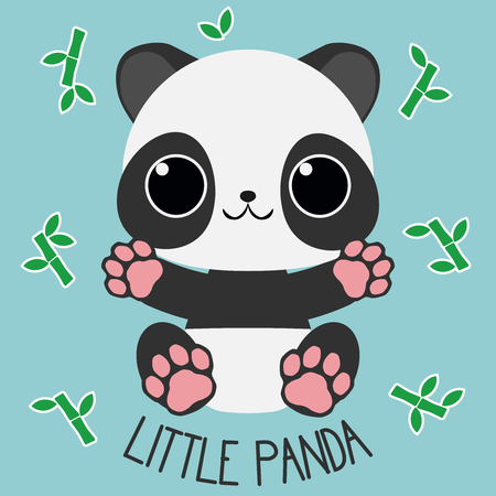 Happy little panda sitting arms open on blue background with bamboo branches. For baby clothes, toys and books.のイラスト素材