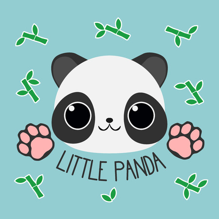 Little cartoon panda face with paws on blue background with bamboo branches on blue background. For baby clothes, toys and books.のイラスト素材