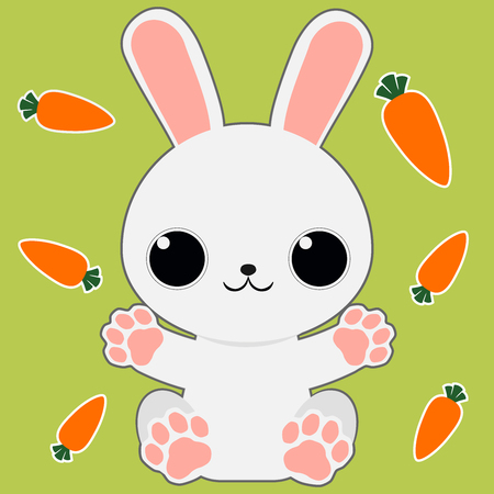Cartoon bunny sitting arms open on green background with carrotsのイラスト素材