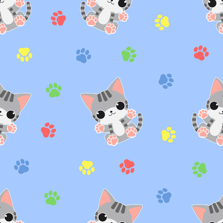 Seamless pattern: Baby kittens on blue background with colorful paw printsのイラスト素材