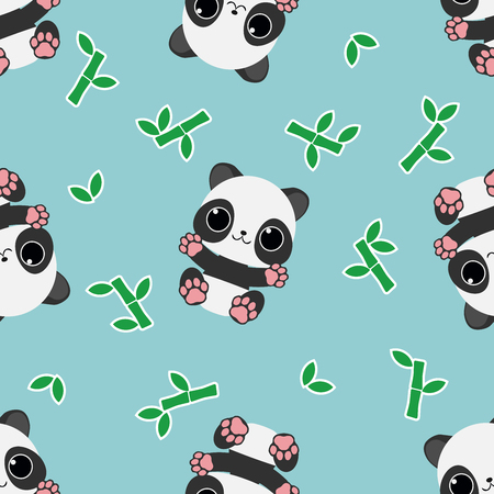 Seamless pattern: Baby pandas on blue background with bamboo branchesのイラスト素材