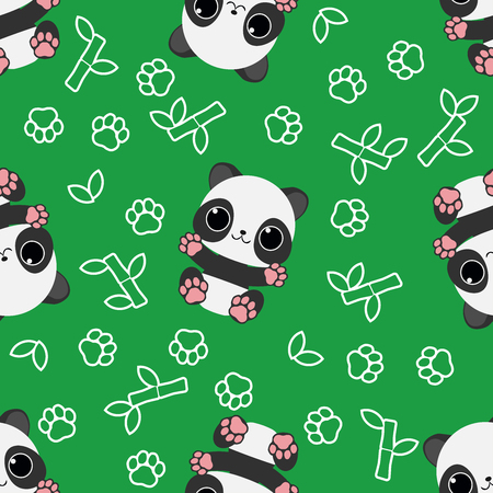 Seamless pattern: Baby panda on green background with bamboo branches and paw printsのイラスト素材