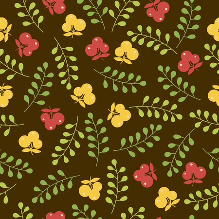 Seamless floral pattern with red and yellow berries and green leaves on brown backgroundのイラスト素材