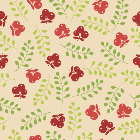 Seamless floral pattern with red berries and green leaves on beige backgroundのイラスト素材