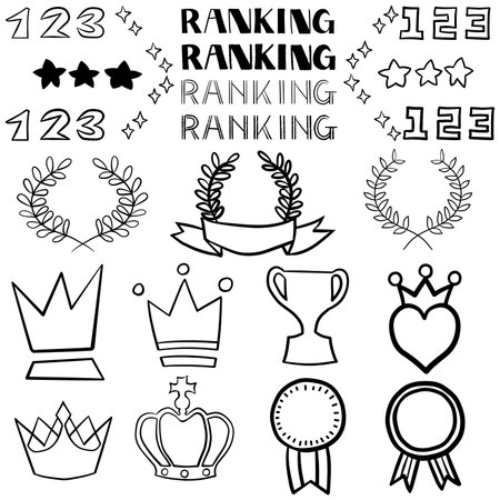 This is a set of hand-drawn ranking line drawings. Illustrations of various crowns, trophies, medals, and laurel wreaths are the centerpiece of the set, with ranking letters, numbers 1-3, and decorations such as glitter and stars added as extras.のイラスト素材