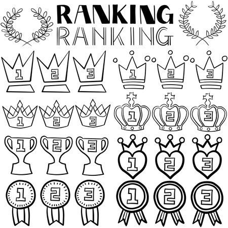 This is a set of line drawings of illustrations of crowns, trophies, medals, laurel wreaths, etc., and materials for ranking, such as letters and numbers. The illustrations and letters are all hand-drawn, with a few adjustments.のイラスト素材
