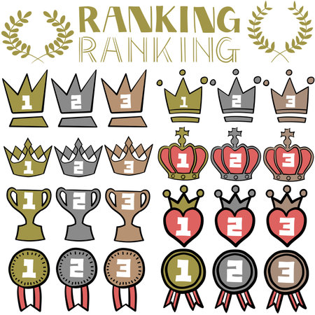 This is a set of illustrations of crowns, trophies, medals, laurel wreaths, etc., and material for ranking letters and numbers. I painted them in gold, silver and bronze. All illustrations and letters are hand-drawn, though I have made some adjustments.のイラスト素材
