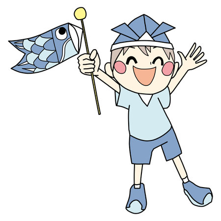 This is a color illustration of a happy boy wearing an origami helmet and holding a Koinobori decoration. This illustration is based on the image of Children's Day.のイラスト素材