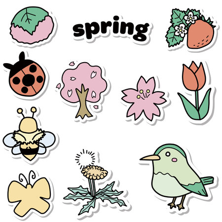 This is a set of 10 spring-inspired illustrations. Simple color illustrations of sakura mochi (rice cakes), strawberries, ladybugs, cherry trees, cherry blossoms, tulips, bees, butterflies, dandelions, and Japanese bush warblers are processed into a sticker style.のイラスト素材