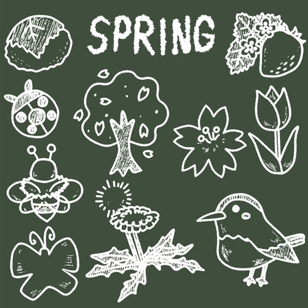 In this page, We offer the clip art of spring. These are simple illustrations of sakura mochi (rice cakes), strawberries, ladybugs, cherry trees, cherry blossoms, tulips, bees, butterflies, dandelions, and Japanese bush warblers. The white lines make them look as if they were drawn on a blackboard or cafe board.のイラスト素材
