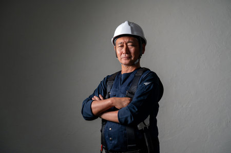 Portrait of Asian male engineer wearing safety helmet and standing with arms crossedの写真素材