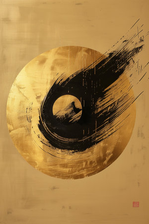 Kintsugi inspired abstract texture with black and white stone and gold cracks.の素材