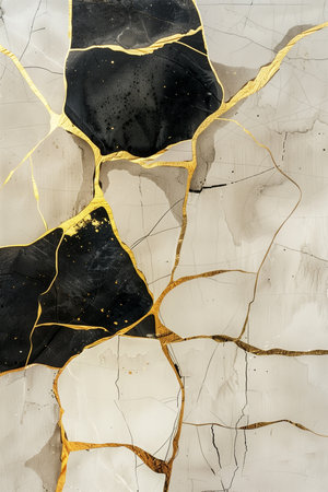 Abstract Japanese seascape with golden sun and expressive ink style waves.の素材