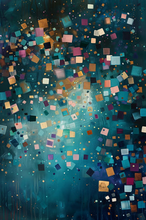 Modern abstract circle and diagonal bands in teal, red and gold.の素材