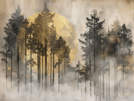 Abstract gold and black art background with Japanese ink painting style, minimal landscape and geometric shapes, suitable for luxury wall art or elegant backgrounds.の素材