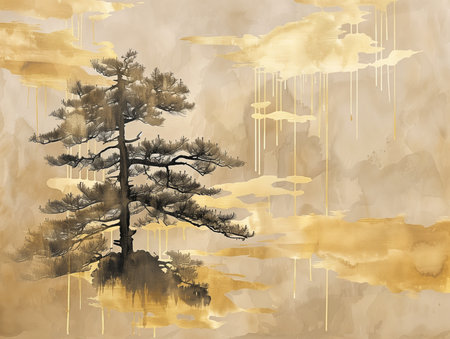 Abstract gold and black art background with Japanese ink painting style, minimal landscape and geometric shapes, suitable for luxury wall art or elegant backgrounds.の素材