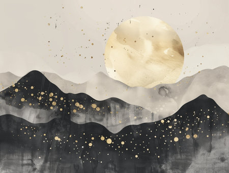 Abstract gold and black art background with Japanese ink painting style, minimal landscape and geometric shapes, suitable for luxury wall art or elegant backgrounds.の素材