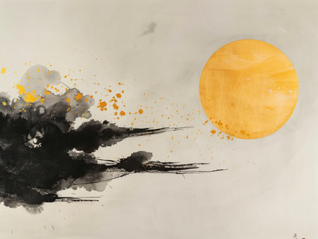 Abstract gold and black art background with Japanese ink painting style, minimal landscape and geometric shapes, suitable for luxury wall art or elegant backgrounds.の素材