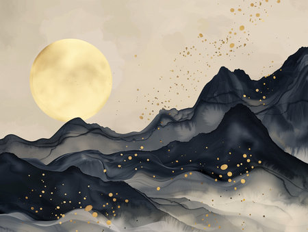 Abstract gold and black art background with Japanese ink painting style, minimal landscape and geometric shapes, suitable for luxury wall art or elegant backgrounds.の素材