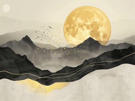 Abstract gold and black art background with Japanese ink painting style, minimal landscape and geometric shapes, suitable for luxury wall art or elegant backgrounds.の素材